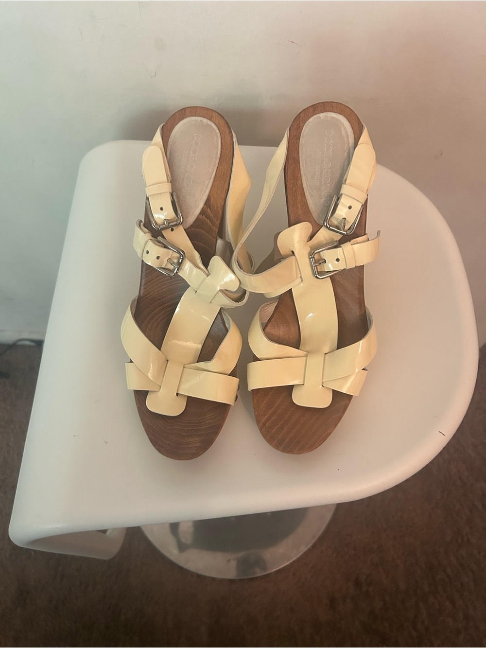 Dolce & Gabbana Cream Patent Leather Wedge Sandals